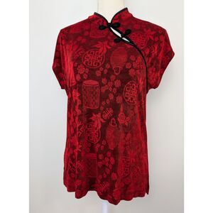 Vintage Chicos Travelers Womens Top Sz 2 Large Red Asian Jacquard Slinky Cap USA